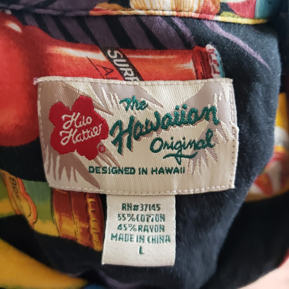 Hilo Hattie Shirt Mens Large Black Yellow Button Up Hawaiian Camp Beer Adult - Picture 4 of 8